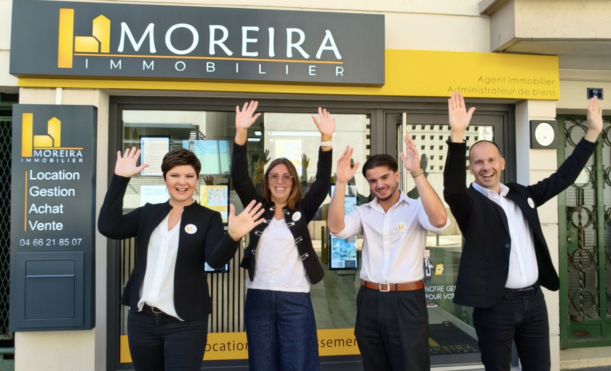 Equipe 2026 de l'agence MOREIRA immobilier à NIMES, composée de Pauline MOREIRA, Isablle BASTARD, Claodio LEBLANC et Samuel MOREIRA